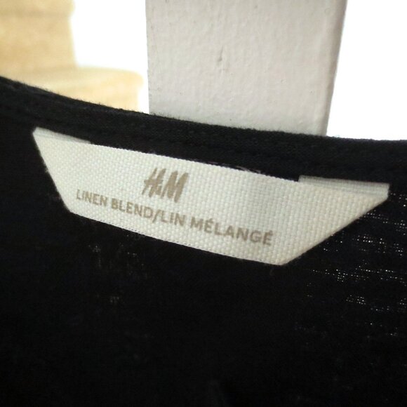 H&M Black Cotton Linen Blend Drawstring Summer Dress with Puff Blouse Sleeves - Picture 6 of 6